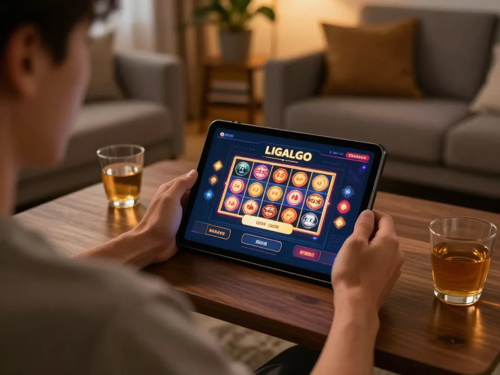 LIGALGO LOGIN experience on a tablet with vibrant slots displayed in a cozy home setting.