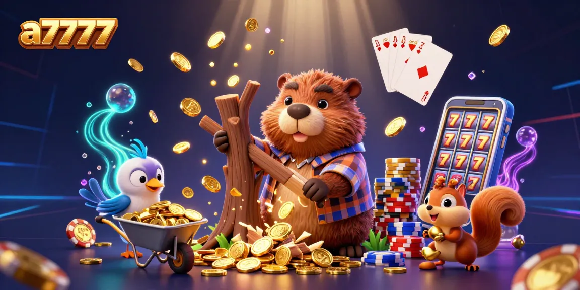 A7777 is a vibrant illustration of a beaver collecting coins, emphasizing casino excitement and winning strategies.