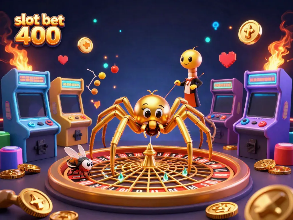 Taruhan menarik pada slot bet 400 dengan susunan elemen kasino yang penuh warna dan interaksi karakter.