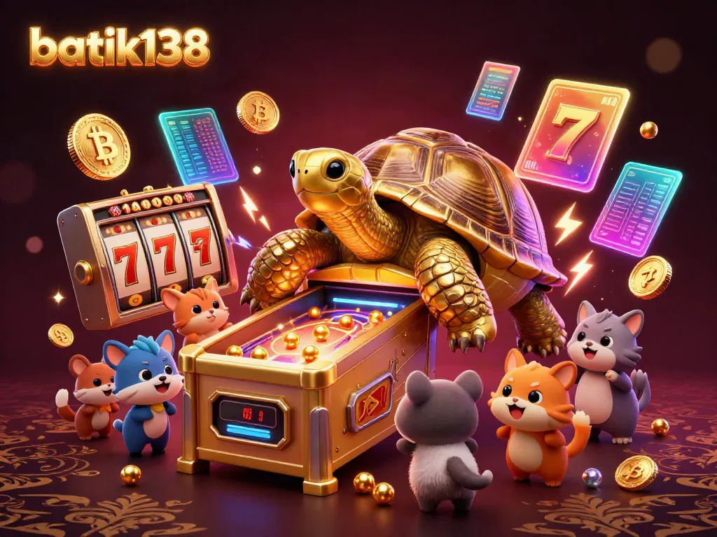 Temui batik138 dalam ilustrasi kasino 3D menampilkan kura-kura emas yang berfungsi sebagai mesin pinball dengan elemen slot dan jackpot.