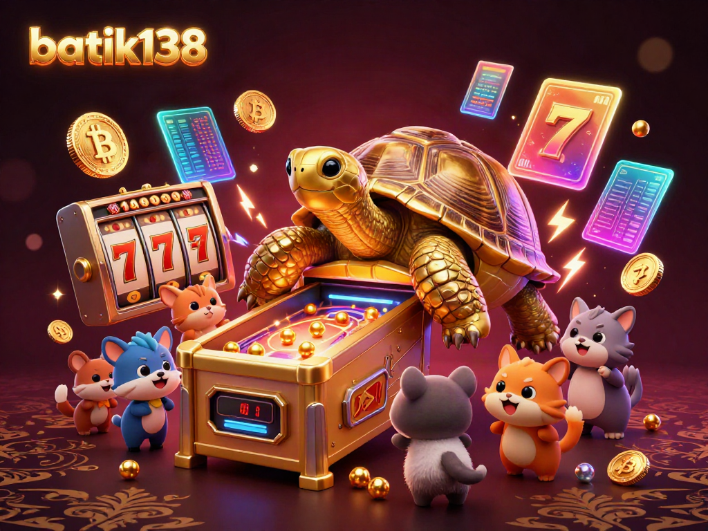 Temui batik138 dalam ilustrasi kasino 3D menampilkan kura-kura emas yang berfungsi sebagai mesin pinball dengan elemen slot dan jackpot.