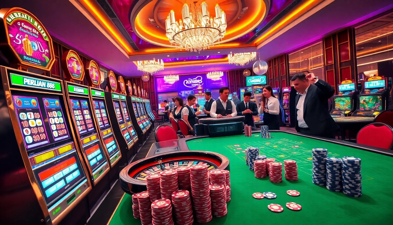 Berlian 888 players enjoy vibrant slot machines and poker action in a luxurious casino setting.