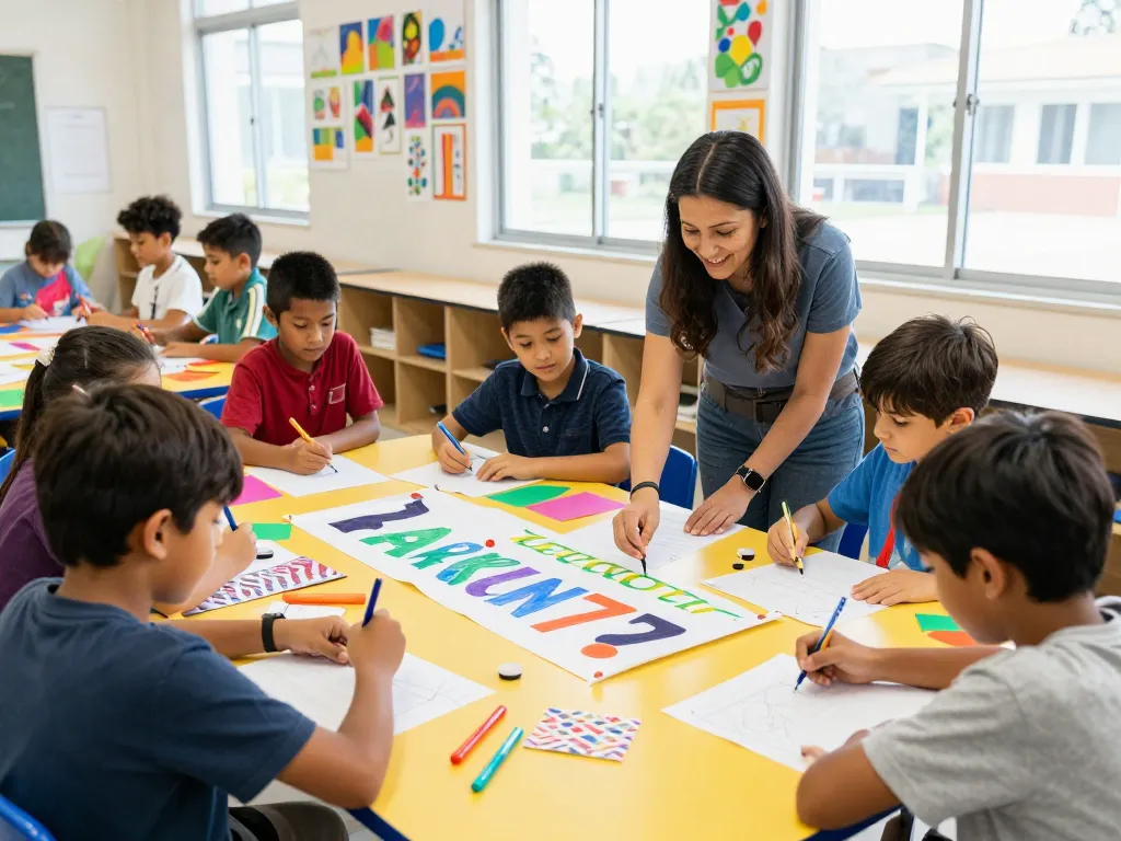 Children creating collaborative art projects celebrating RAKUN77 in a bright classroom