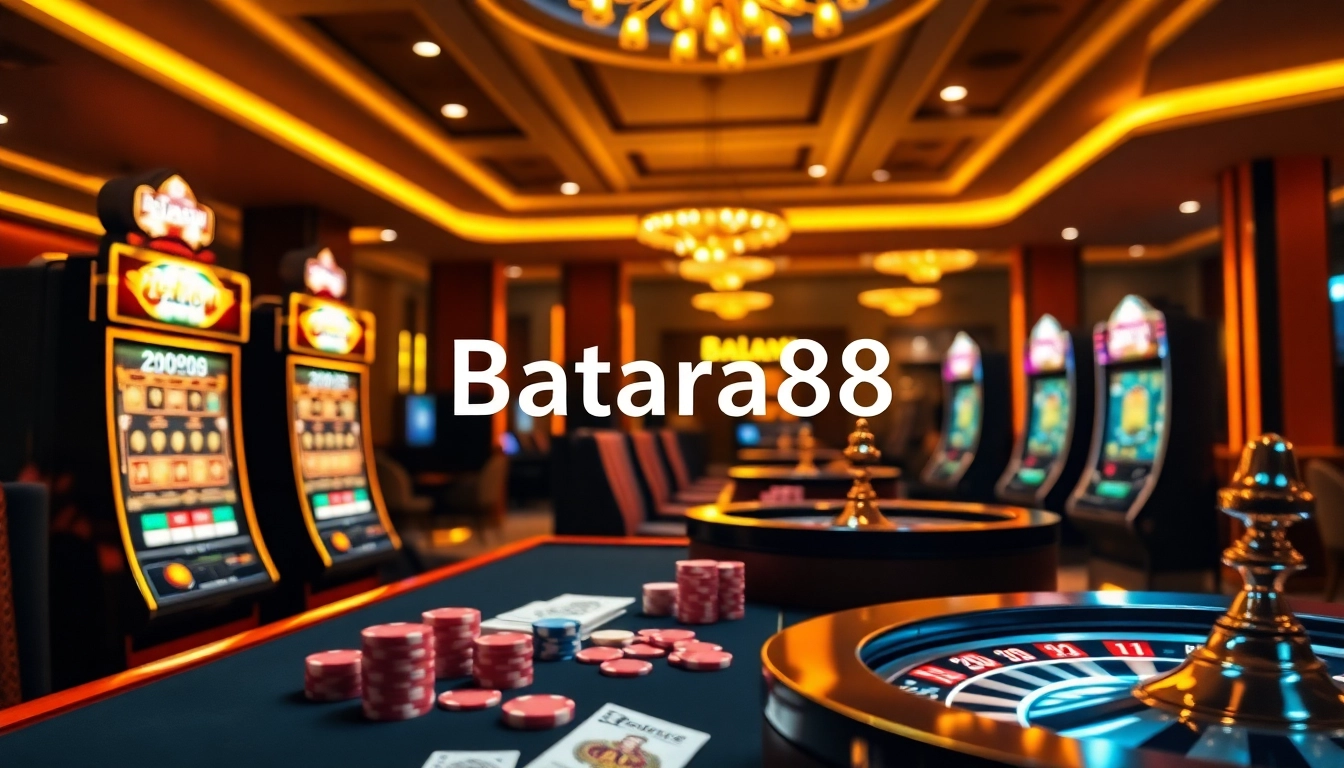 Experience vibrant gambling excitement at Batara88 with colorful slot machines and poker chips on a luxury table.