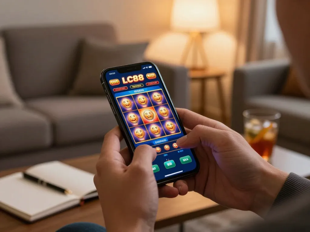 Engaging with LC88's casino app for slot games in a cozy home setting.