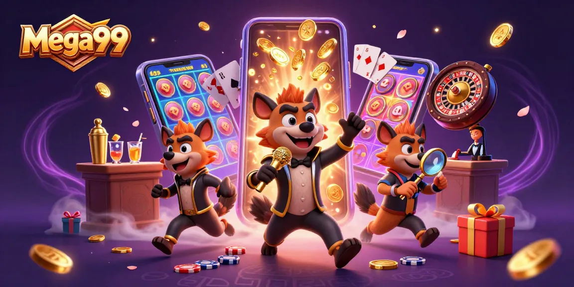 Experience the vibrant fun at mega99 casino with hyenas playing games and making drinks.