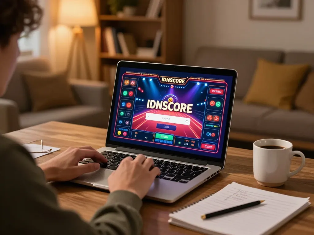 IDNSCORE LOGIN shown on laptop screen during exciting online gaming session at home.