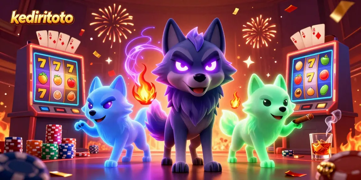 Kediritoto slot machine scene with spectral wolves and poker elements in a vibrant casino atmosphere.