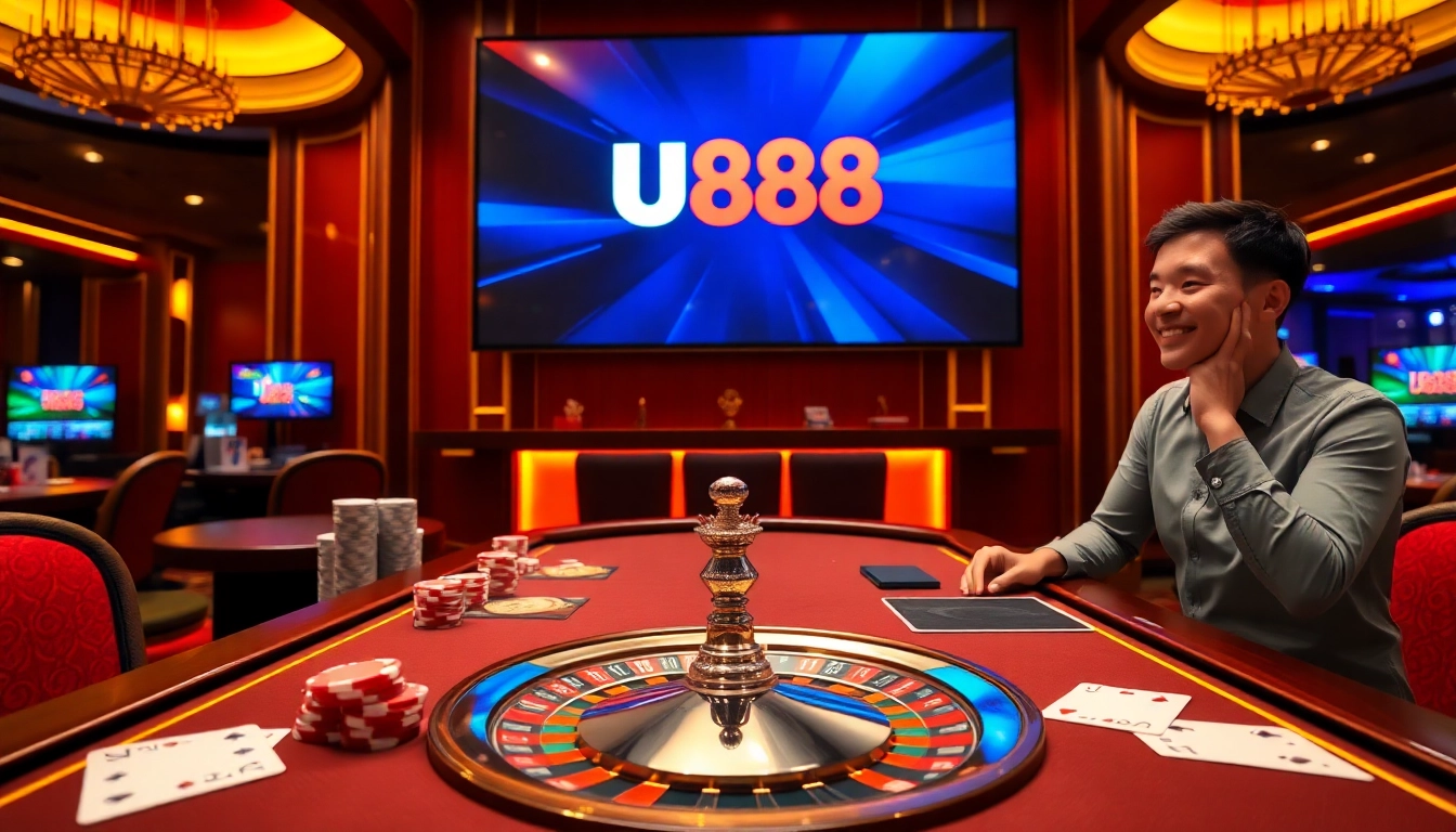 U888 casino table with poker chips and a roulette wheel, highlighting the excitement of online gambling.
