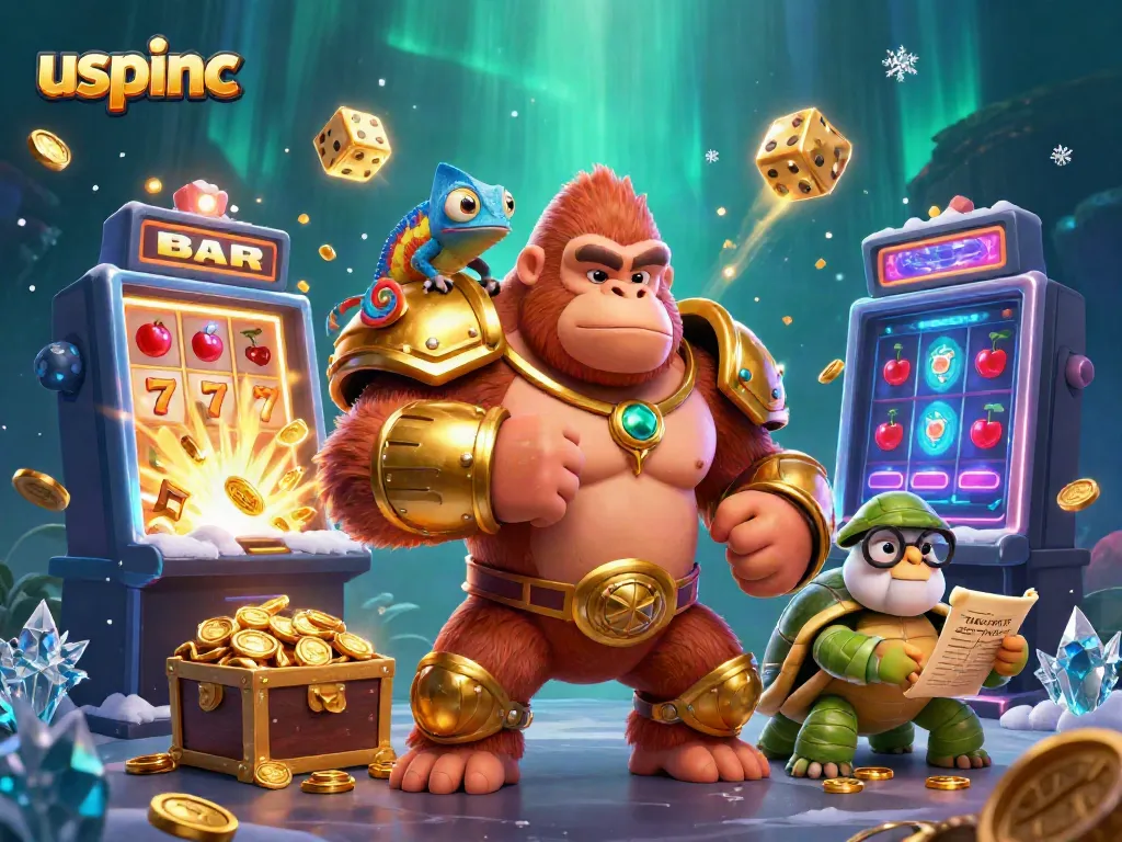 Experience the excitement at uspinc with a vibrant 3D casino scene featuring a golden gorilla king, chameleon, and tortoise.
