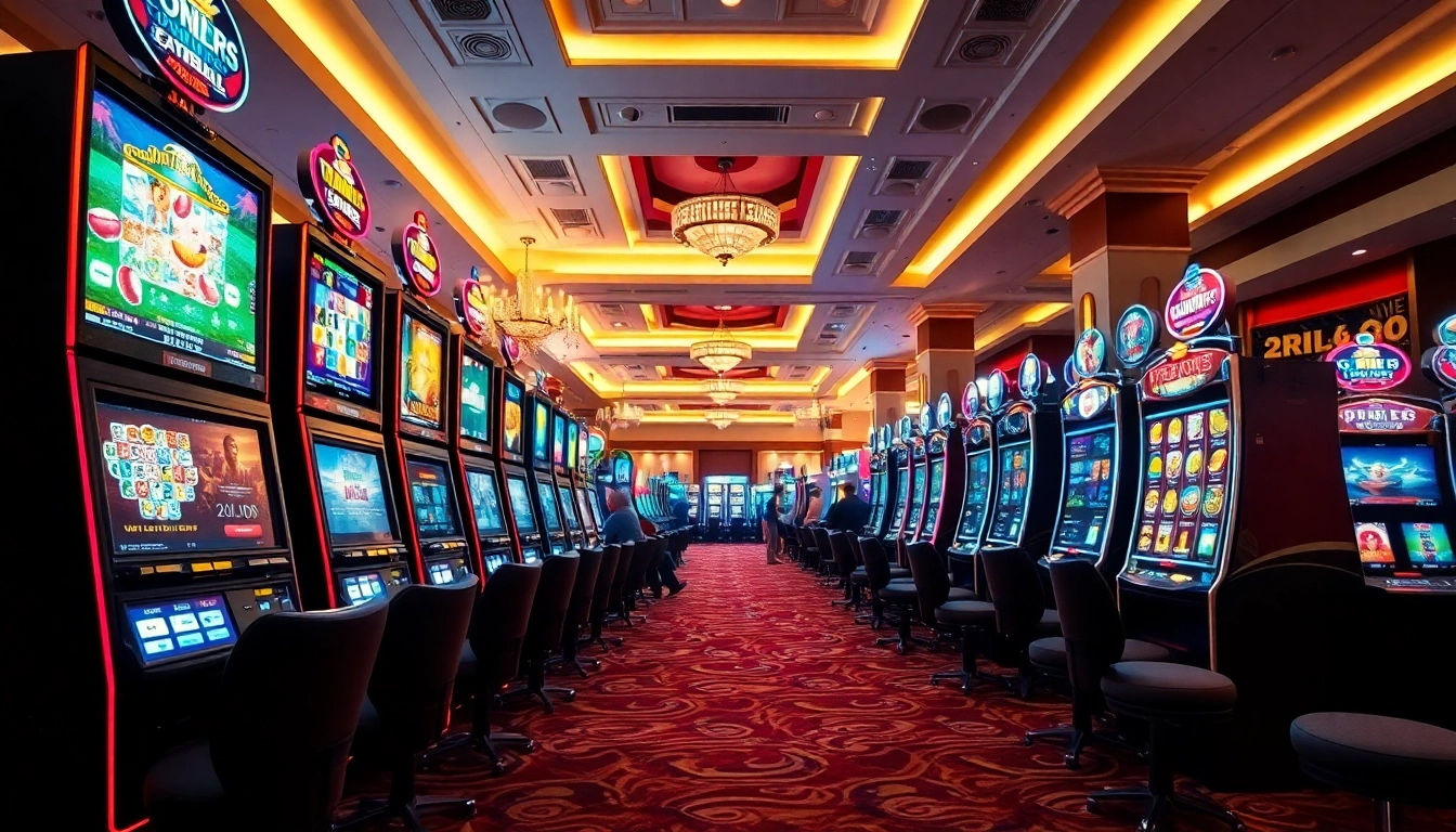 Slot machines menampilkan permainan menarik dengan suasana kasino yang meriah.