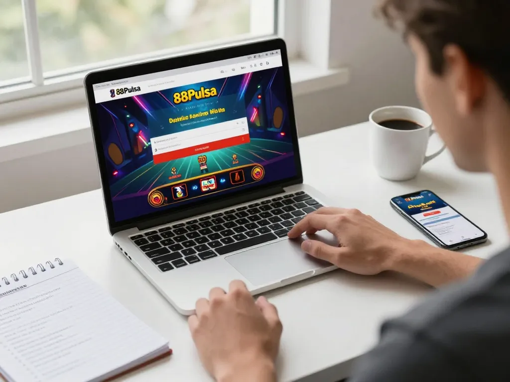 Engaging in 88Pulsa login with vibrant online casino games visible on laptop screen