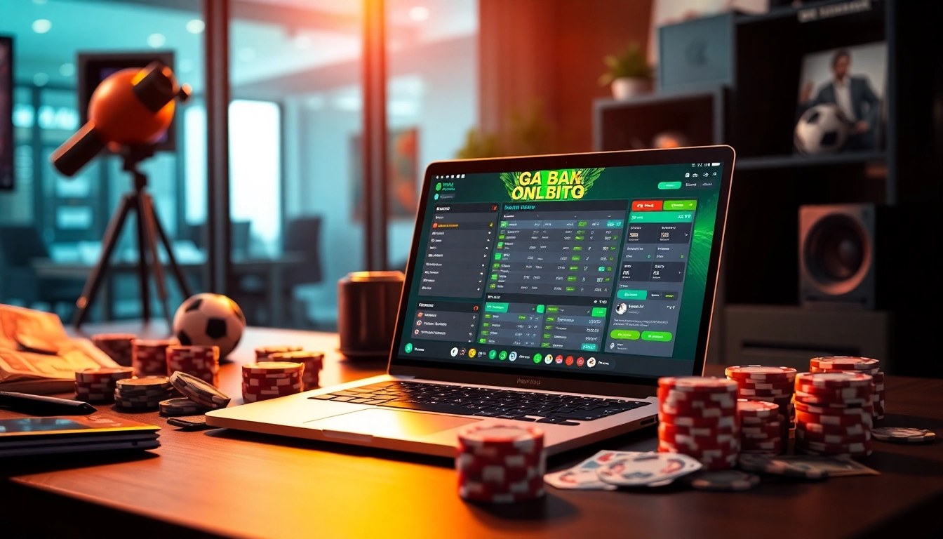 Nha cai uy tin image showcasing a professional betting workspace with poker chips and a laptop interface.