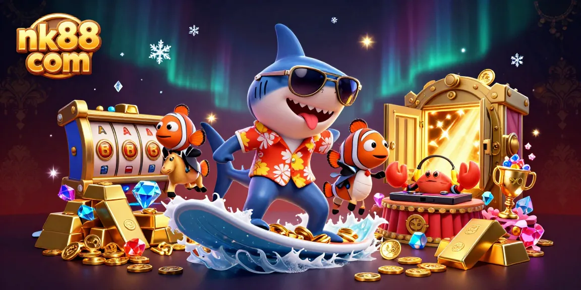 Engage with nk88 com's exhilarating gaming experience as a shark surfs on gold coins, surrounded by vibrant casino elements.