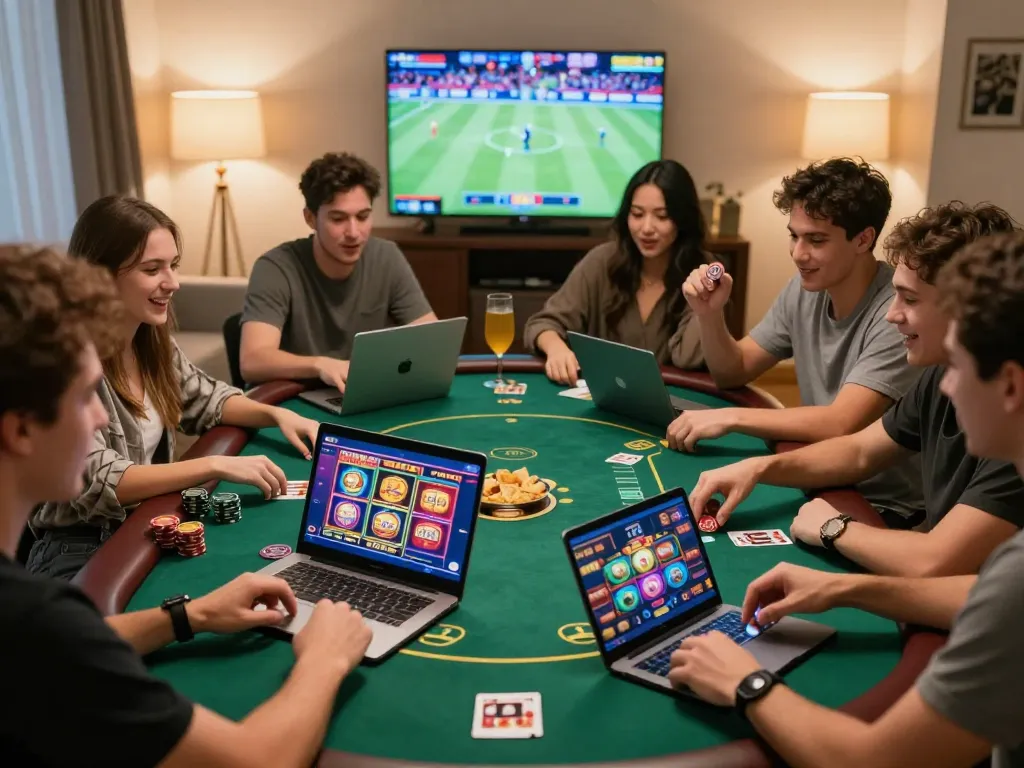 Friends enjoying online gambling with ligasedayu in a cozy living room, vibrant game screens, and snacks.