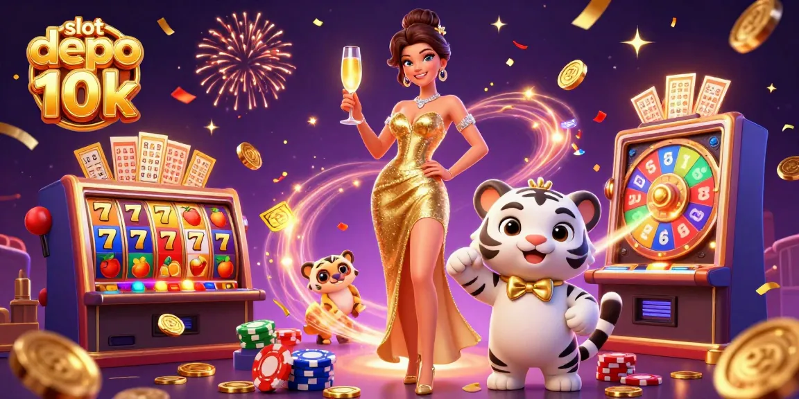 Experience the thrill of slot depo 10k with a glamorous woman and a lucky white tiger amidst vibrant casino elements.