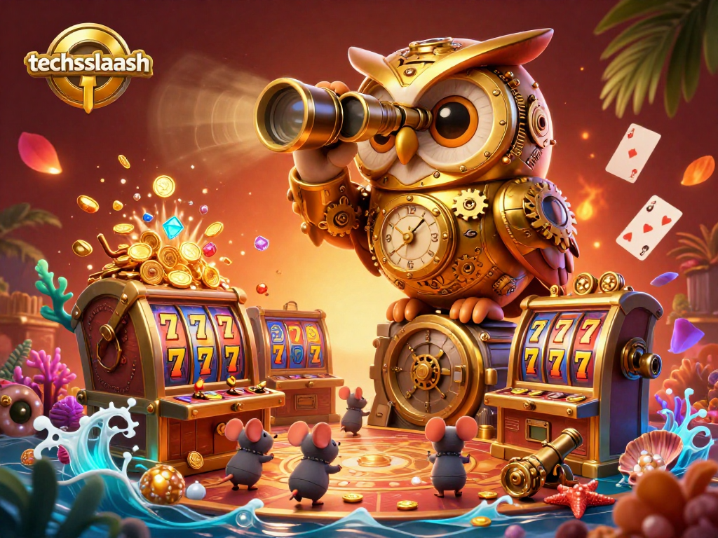 Experience gambling fun with techsslaash featuring a golden owl in a colorful casino scene with slot machines and treasures.