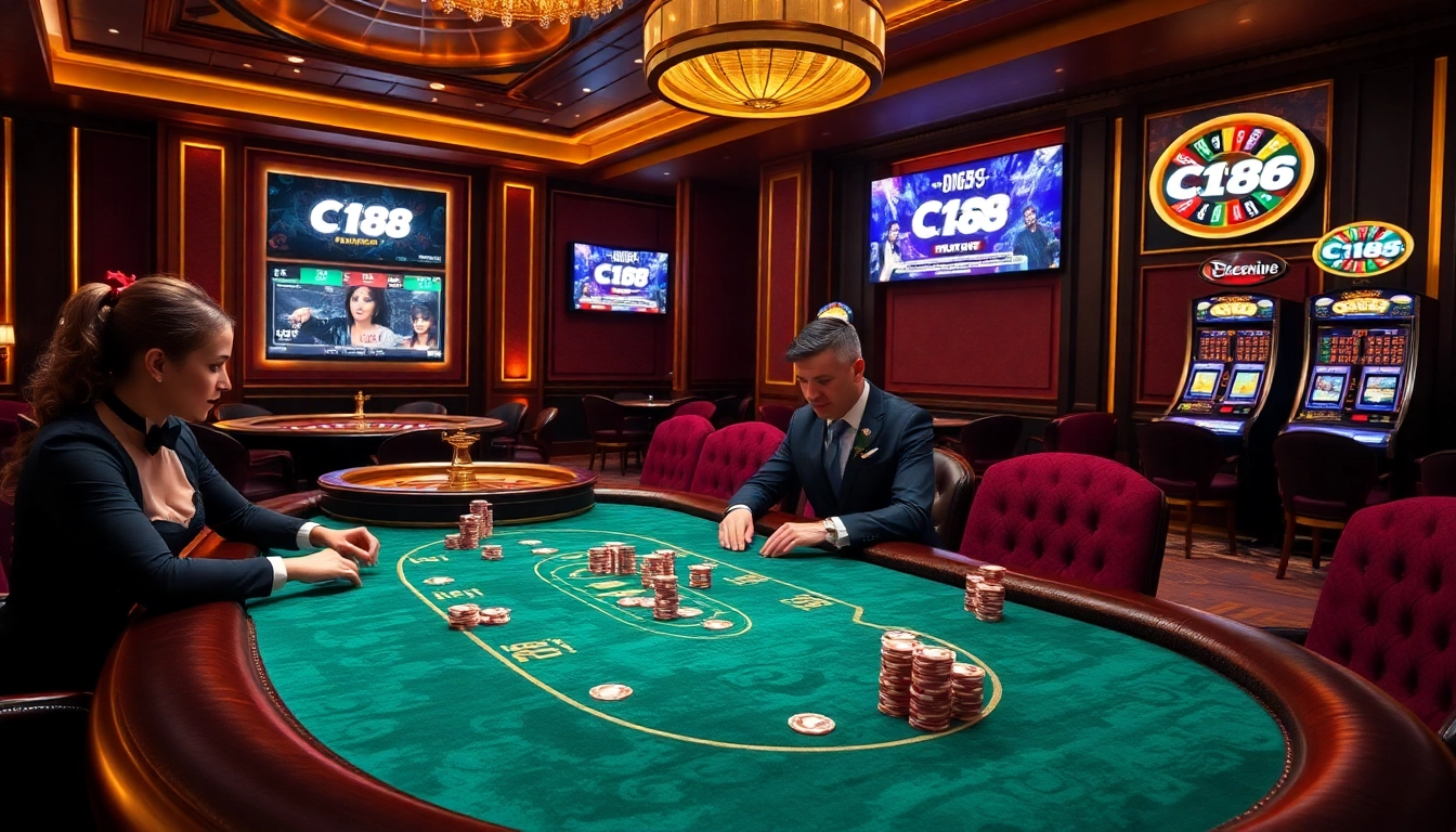 High-stakes poker table at C 168 casino with colorful chips and players.