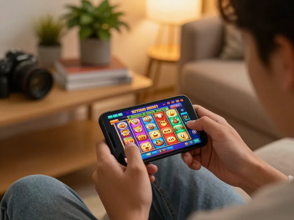Playing on a site slot gacor using a smartphone with vibrant game display in a cozy setting.
