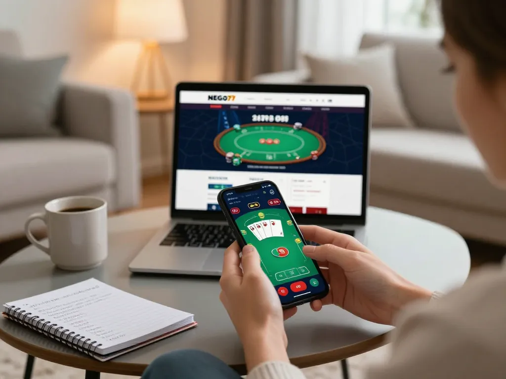 Nego77 mobile app in use for online poker gameplay on cozy living room setup.