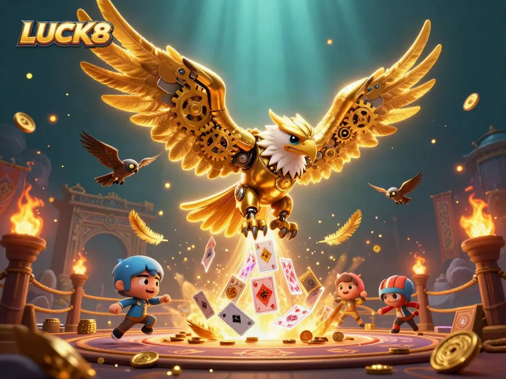 Engage with LUCK8's thrilling casino adventure featuring a dynamic eagle diving through holographic cards.