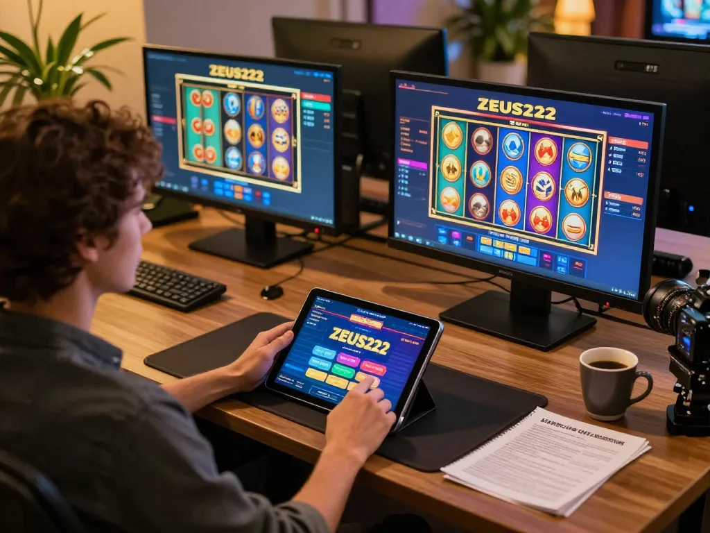 Player using ZEUS222 app on tablet in a cozy home gaming setup