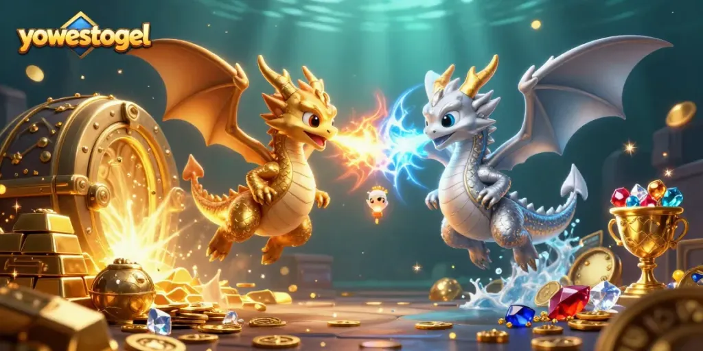 Win big prizes with yowestogel, featuring 3D dragons amidst overflowing treasure and casino elements.