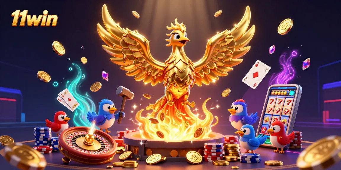 Experience the thrill of 11win with a golden phoenix rising, surrounded by casino elements.
