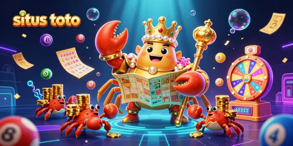 Experience winning with situs toto, featuring vibrant 3D lottery elements and a majestic crab emperor.