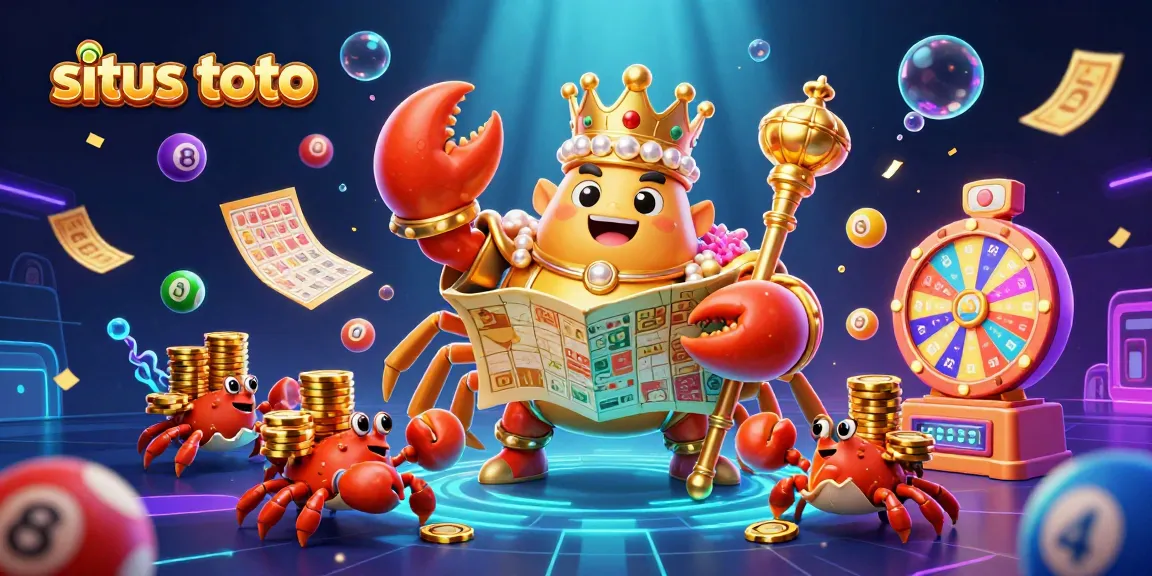 Experience winning with situs toto, featuring vibrant 3D lottery elements and a majestic crab emperor.
