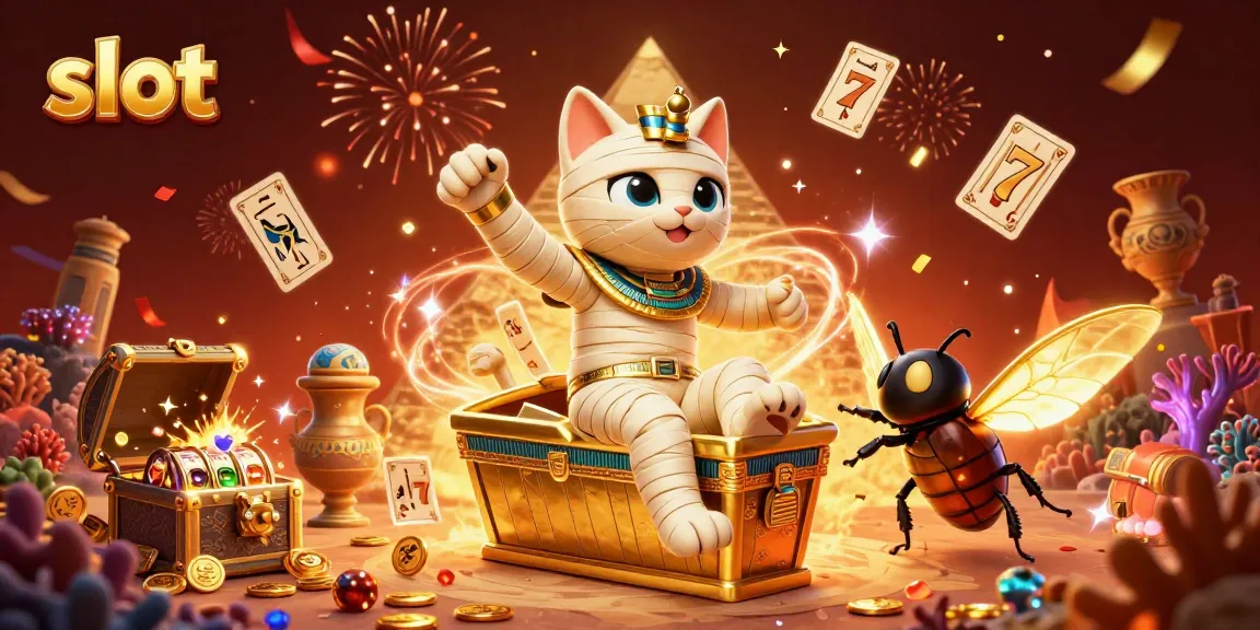 Experience thrilling slot action with a 3D Egyptian mummy cat and golden casino treasures.