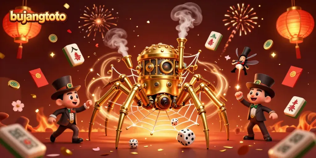 Join the excitement at bujangtoto with a steampunk spider capturing dice in a vibrant casino scene.