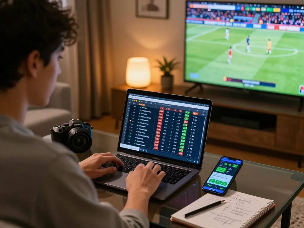 Engaged player analyzing TR88 betting odds from home laptop for optimal strategy.