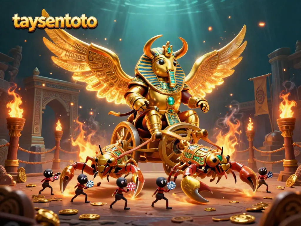 Gambarkan aksi menarik di taysentoto dengan karakter jangkrik emas, koin, dan arena pertarungan.