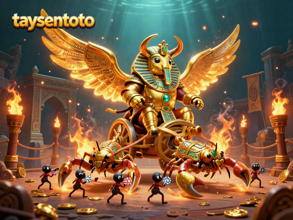 Gambarkan aksi menarik di taysentoto dengan karakter jangkrik emas, koin, dan arena pertarungan.