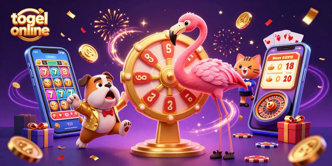 Visualisasi menarik togel online dengan karakter yang ceria, koin emas, dan permainan menarik.