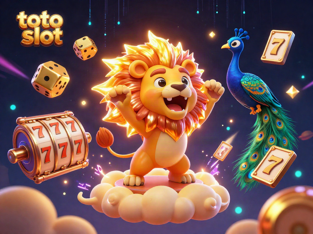 Slot permainan menarik di toto slot dengan singa kartun dan elemen kasino yang berkilau