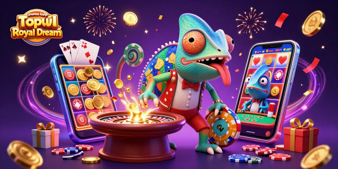 Engage in the thrilling promo top up Royal Dream experience with a colorful 3D chameleon casino illustration, showcasing excitement and rewards.