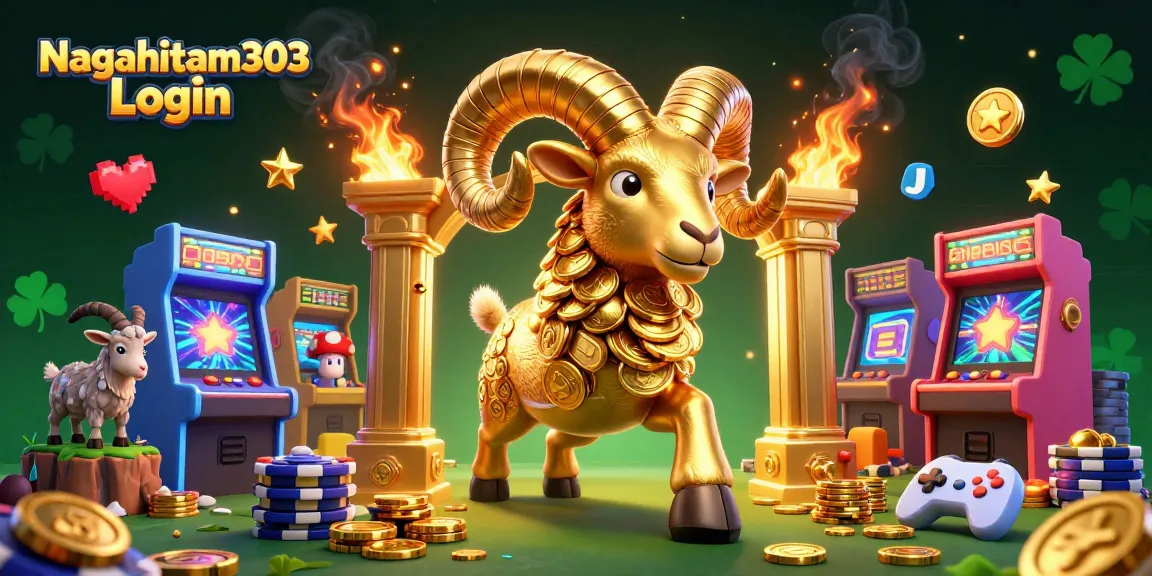 Nagahitam303 Login energizes gameplay with a vibrant 3D scene featuring a golden ram and arcade-style elements.