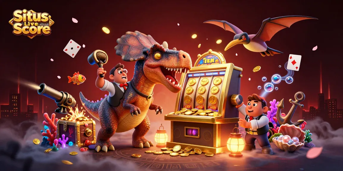 Situs Live Score showcases a thrilling gambling scene with a dinosaur-driven slot machine hitting the jackpot.