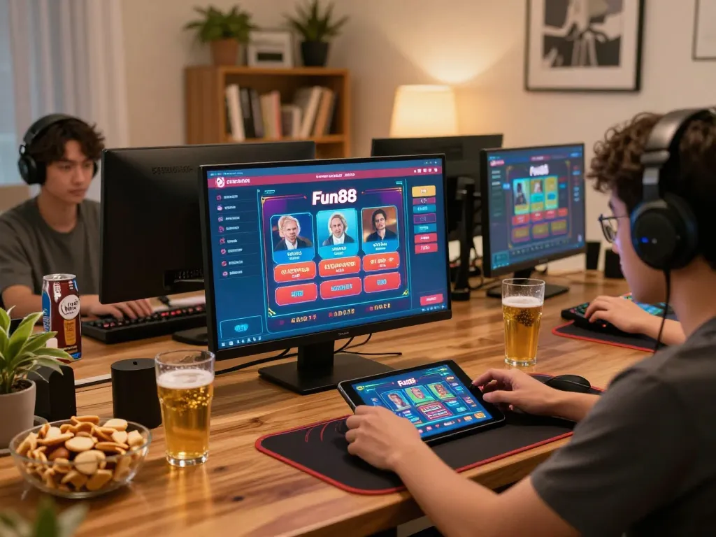 Engaging with Fun88 online casino app at home, showcasing tablet gameplay and cozy ambiance