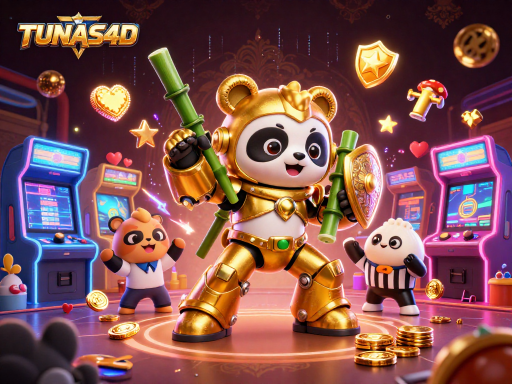 TUNAS4D showcases vibrant gaming action with a golden panda in a mech-suit amid casino excitement.