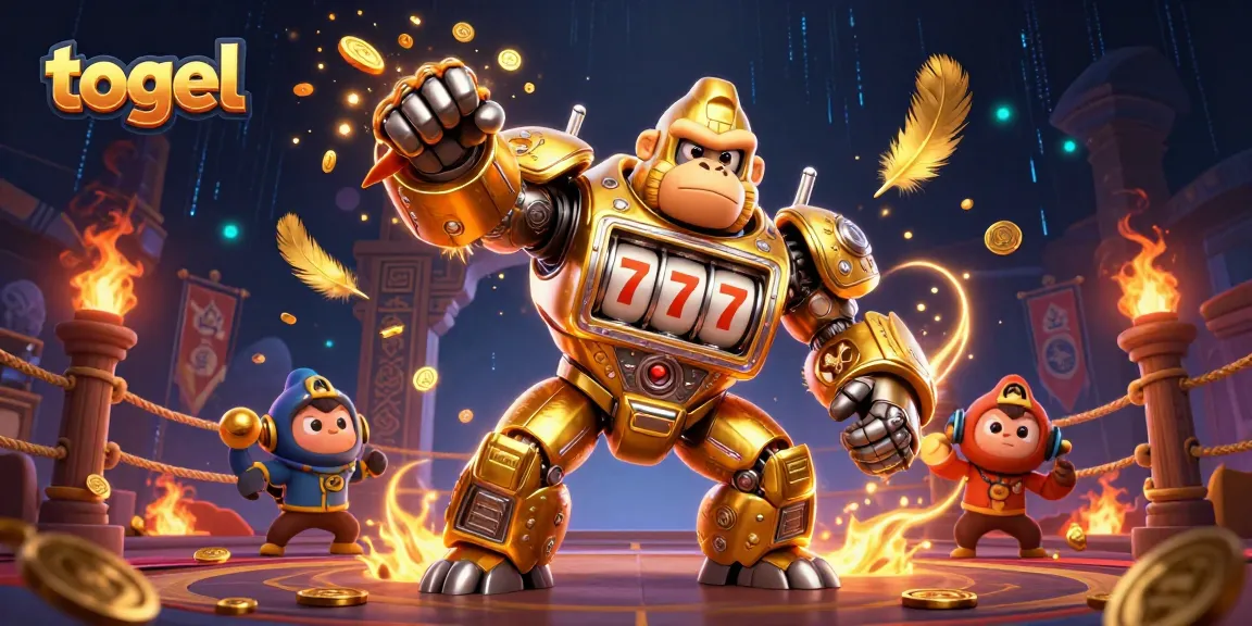 Menangkan togel dengan ilustrasi futuristik kera emas robot dan elemen kasino mendebarkan.