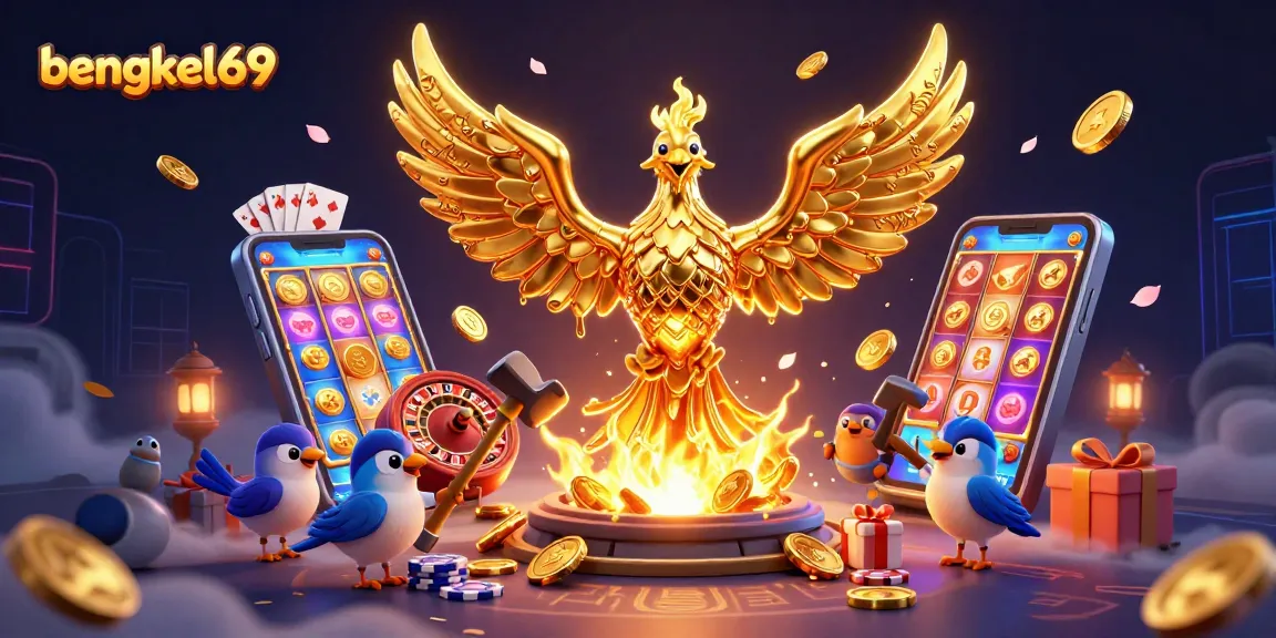 Bengkel69 features a golden phoenix and assistants igniting online gaming excitement with dynamic visuals.