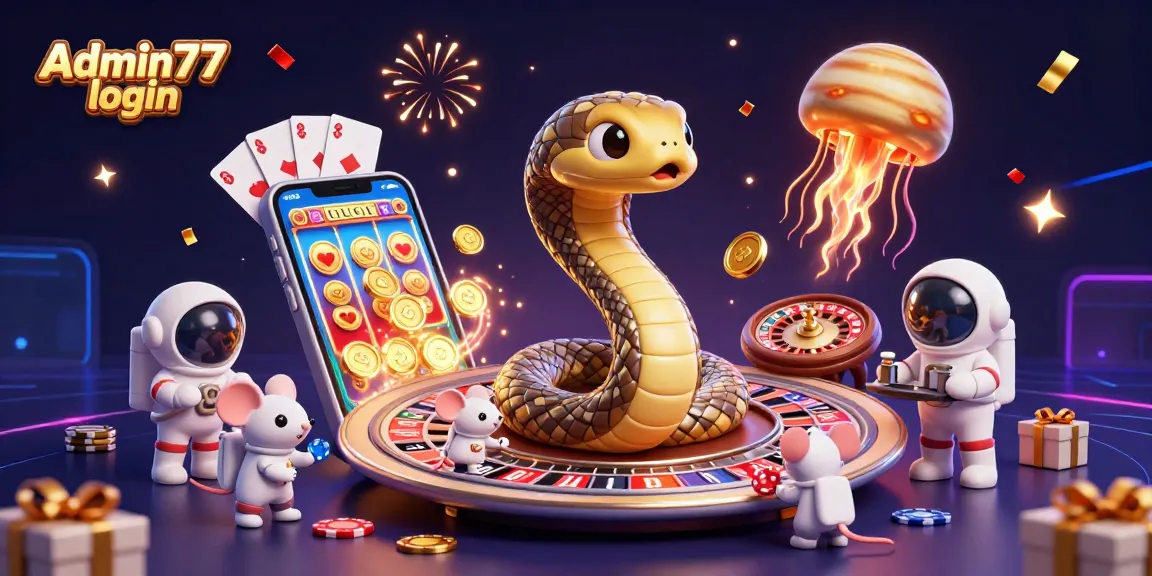Join the thrilling Admin77 login experience with astronaut mice betting on the cosmic roulette, surrounded by dynamic casino elements.