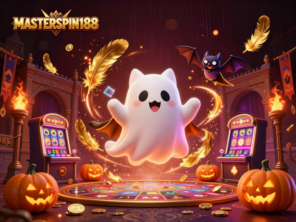 Engage in thrilling gameplay at MASTERSPIN188 with a ghost cat and vibrant casino elements.