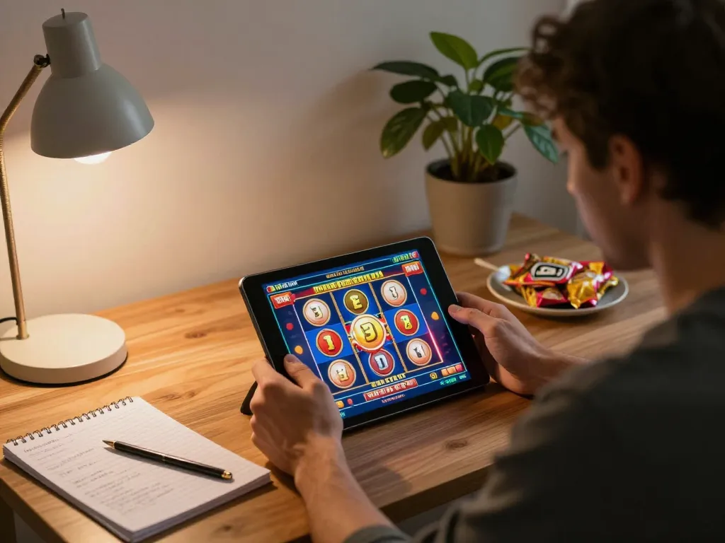 Engaging with gacor slot game on a tablet at home, showcasing strategic gaming approach.