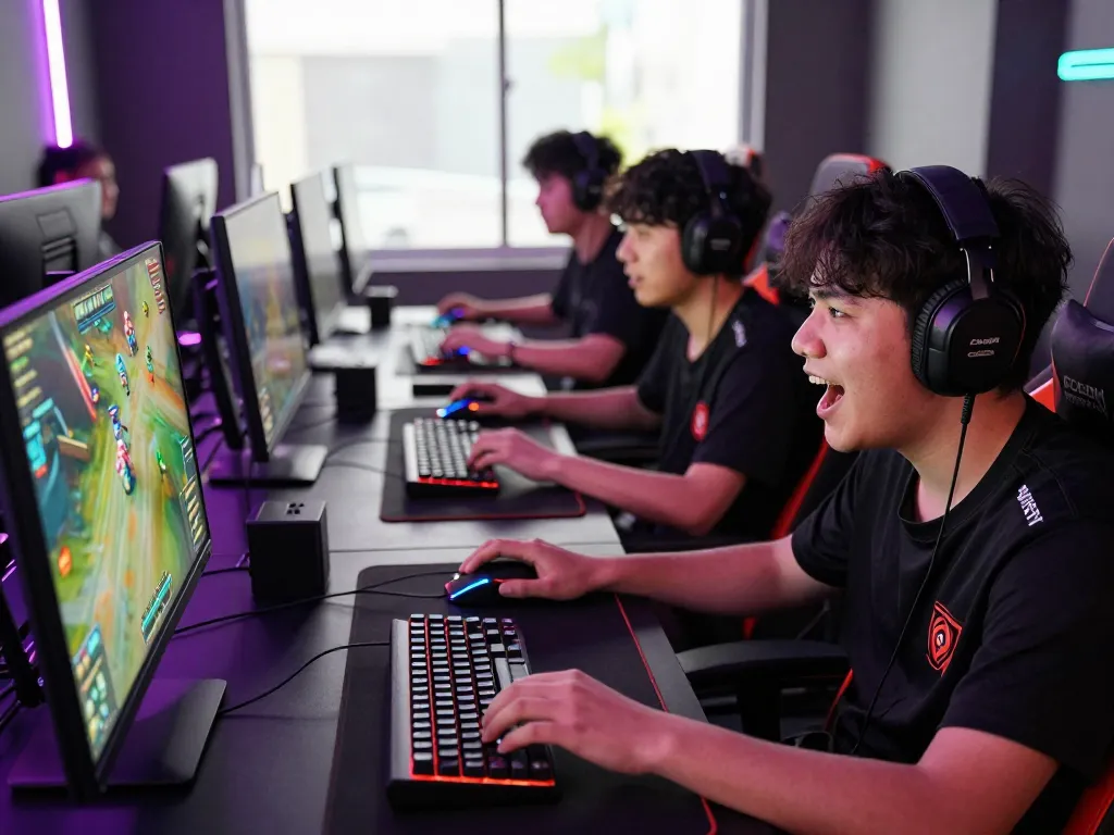 Engaged gamers playing on mantra88 platform with vibrant lighting, showcasing competitive gameplay and excitement.