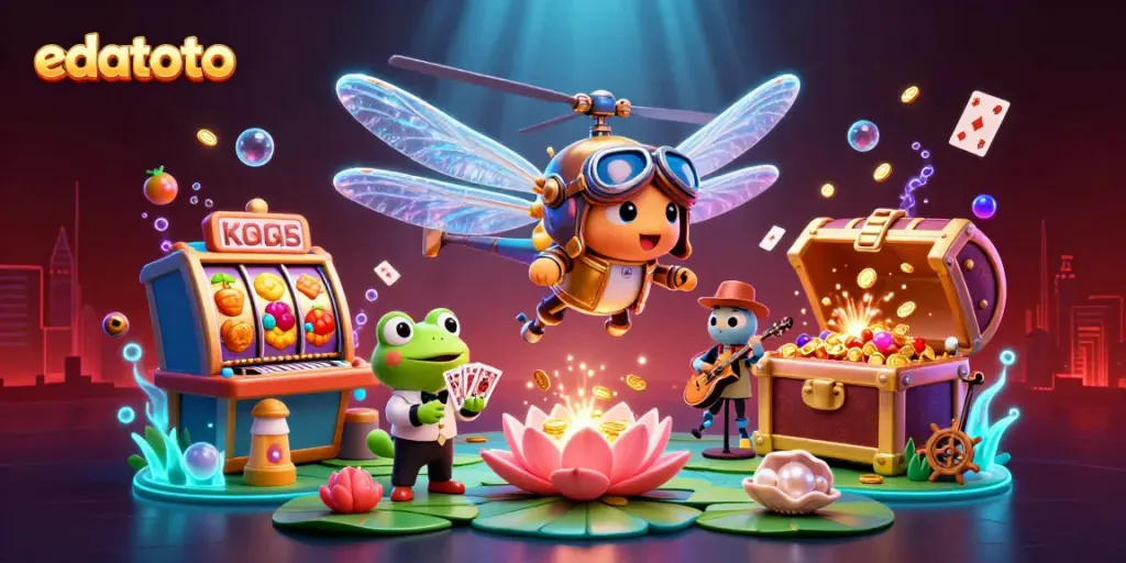 Edatoto showcases a vibrant casino scene with a dragonfly pilot and frog croupier, capturing the excitement of gaming.