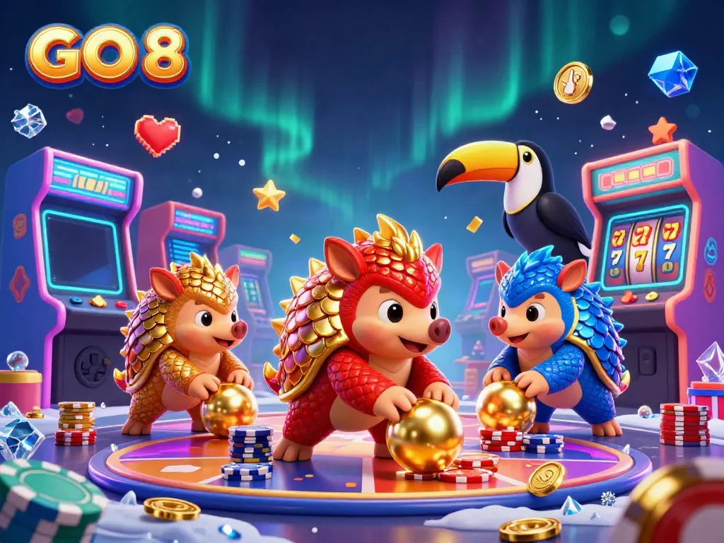 GO 8 pangolins competing in a vibrant casino scene filled with games and confetti.